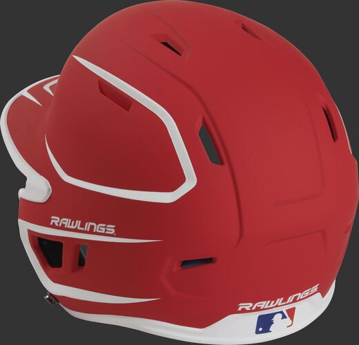 Back left view of a matte scarlet/white MACH series batting helmet with air vents