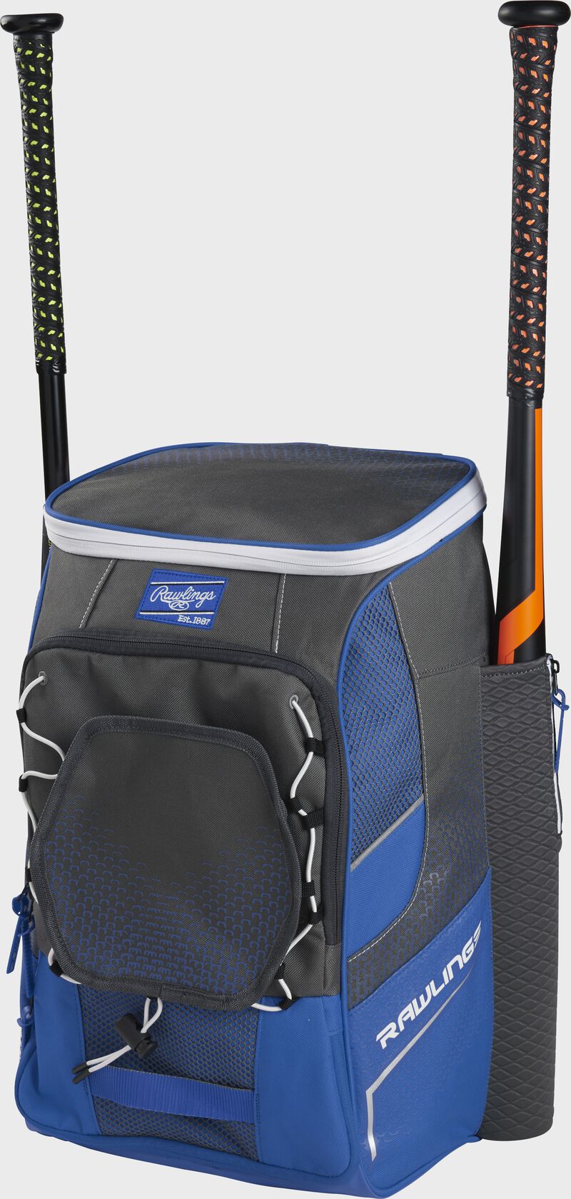 Front right angle view of a royal Impulse backpack with two bats in the side sleeves - SKU: IMPLSE-R