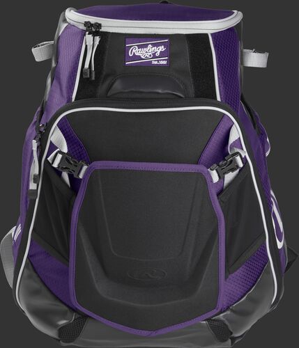 Front of a purple VELOBK Velo backpack with purple trim and a purple Rawlings patch