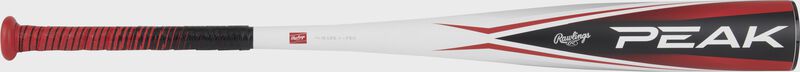 A white/black Rawlings Peak USSSA bat shown from left to right - SKU: RUT4P