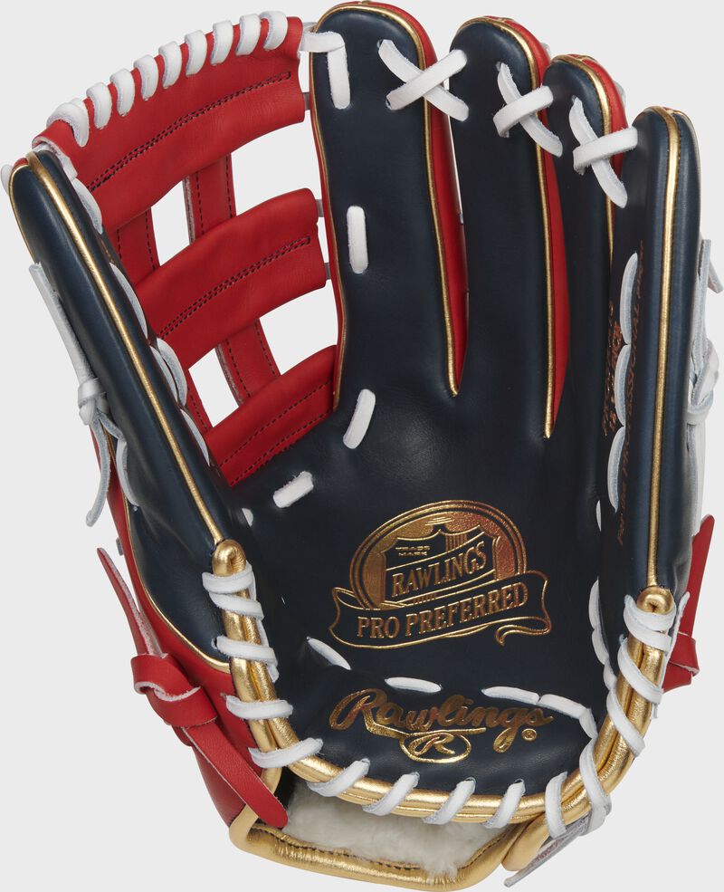 Navy palm of a Rawlings Pro Preferred outfield glove with white laces and a gold palm stamp - SKU: PROSRA13 loading=