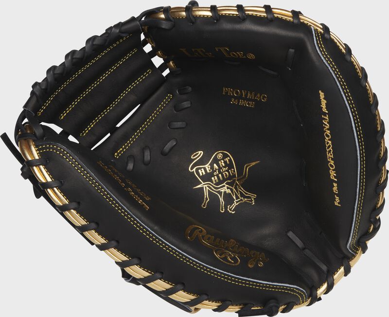 Black palm of a Rawlings Heart of the Hide catcher's mitt with gold stamping and black laces - SKU: RSGPROYM4G
