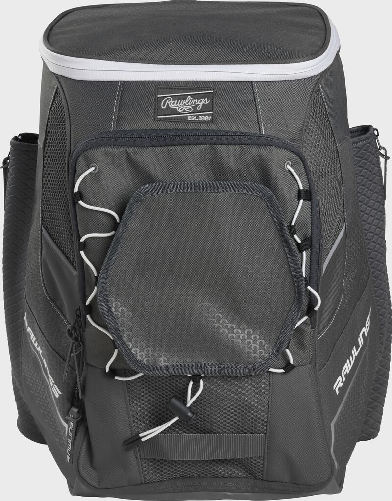 Front of a graphite Impulse baseball backpack with a gray front pocket - SKU: IMPLSE-GR