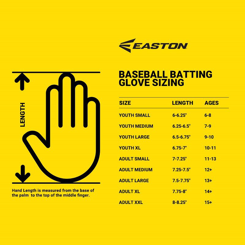 A sizing chart listing the size specifications for all adult & youth sizes and how to measure for Easton baseball batting gloves