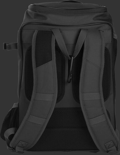 Back shoulder straps of a black R701 baseball gear backpack