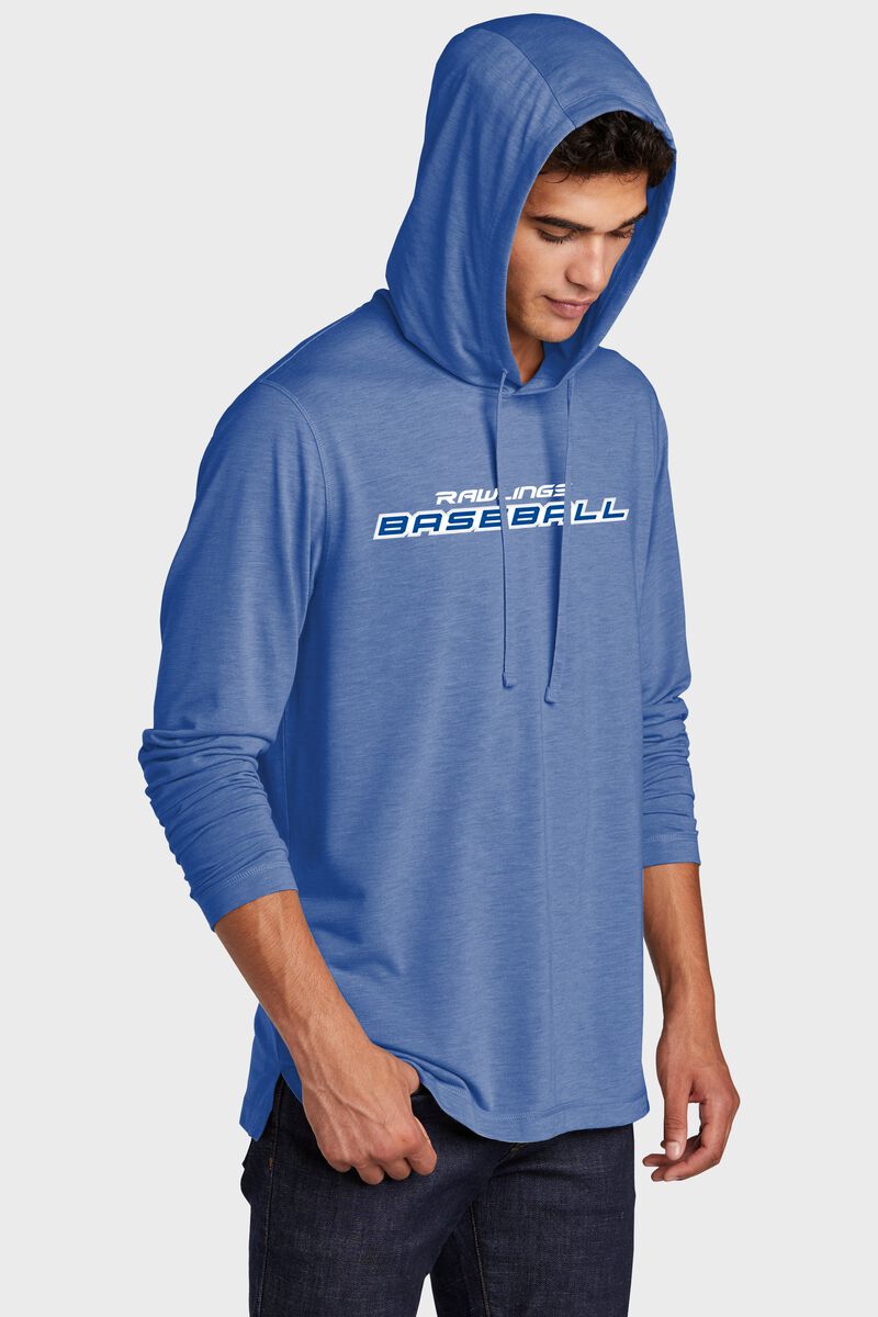 A man wearing a royal Rawlings performance hoodie with the hood up over his head - SKU: RSGLH-R