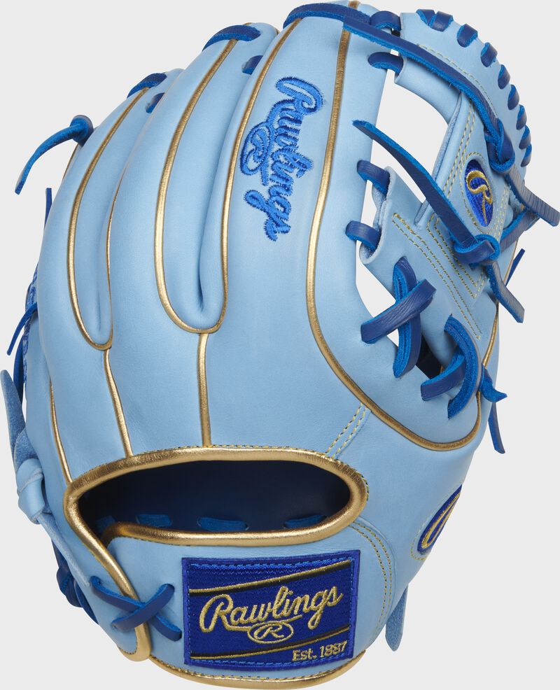 Back of a Columbia blue 11.25-Inch HOH R2G ContoUR fit I-web glove with a royal Rawlings patch - SKU: PROR312U-2R