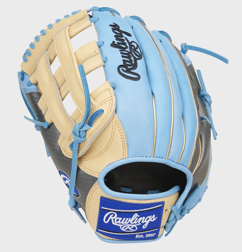Columbia blue back of a Heart of the Hide 13-Inch H-web glove with a royal Rawlings patch - SKU: PROBH3-6CCBG