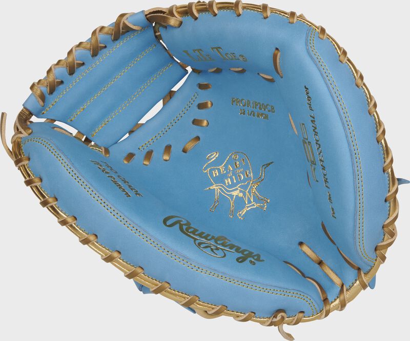 Columbia blue palm or a Rawlings Heart of the Hide R2G catcher's mitt with metallic gold lace - SKU: RSGPRORJP20CB loading=