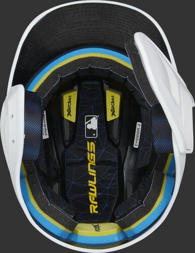 Inside of a MACHEXTR Rawlings MACH baseball helmet with IMPAX durable foam padding