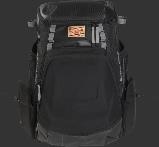 Front of a black R1000 Rawlings Gold Glove backpack with a gold patch