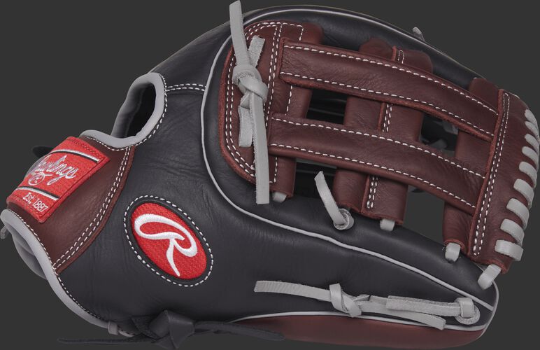 Thumb view of a black R9315-6BSG R9 Series 11.75-inch infield glove with dark sherry trim and a dark sherry H web