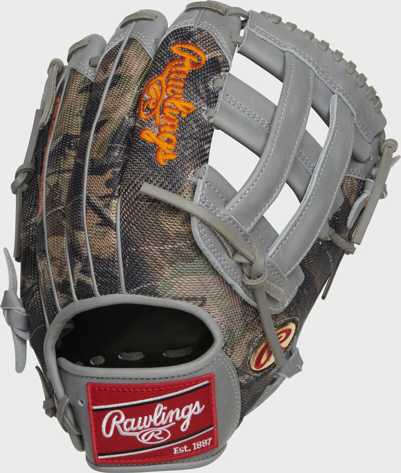 Camo mesh back of a Heart of the Hide Gameday 57 Trent Grisham H-web glove with a red Rawlings patch - SKU: RSGPRO3029-TG2