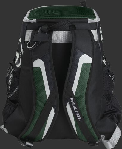 Back of black/dark green R500 Players team backpack with black/dark green shoulder straps