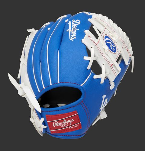 Back of a blue/white Los Angeles Dodgers 10-inch I-web glove with a red Rawlings patch - SKU: 22000011111