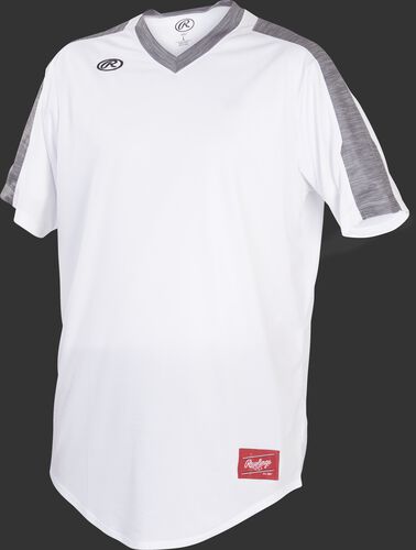 Front of Rawlings White/Gray Youth Short Sleeve Launch Jersey - SKU #YLNCHJ-DG-89
