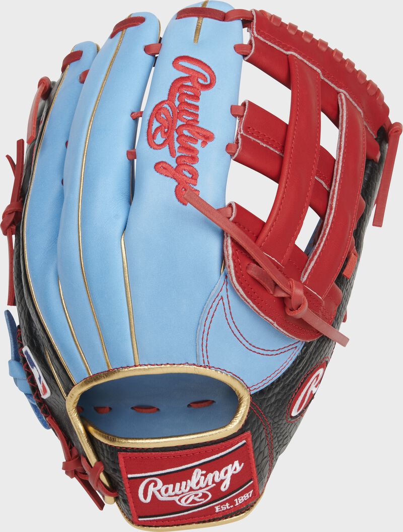 Shell back view of Scarlet red, and Columbia blue 2021 Exclusive Heart of the Hide R2G outfield glove