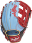Shell back view of Scarlet red, and Columbia blue 2021 Exclusive Heart of the Hide R2G outfield glove image number null