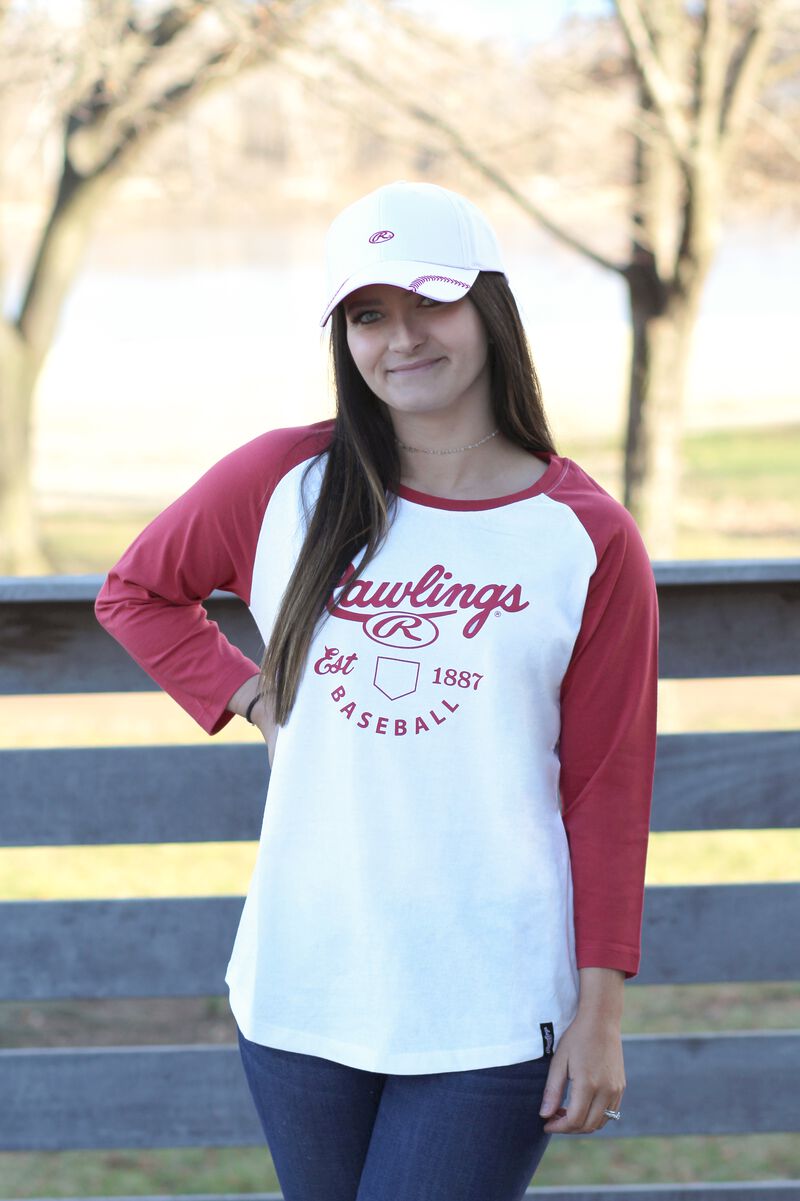 Left Side of Rawlings White/Scarlet Women's EST Raglan Baseball T-Shirt - SKU #RA30002-623