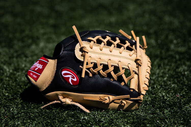 A Prodigy Modified Trap-Eze web glove lying on a field - SKU: P115CBMT