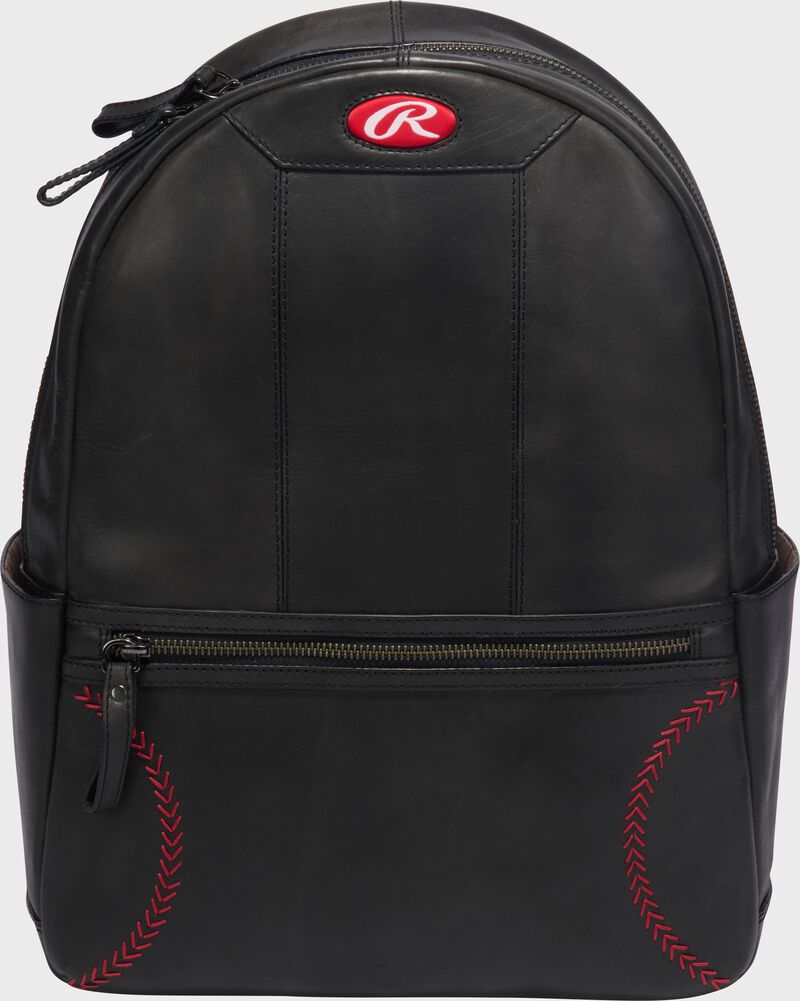 Front of a black Rawlings Double Play mini backpack