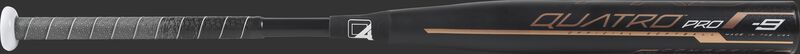 Barrel of a black FPQP9 Quatro Pro college/high school softball bat with black/grey grip