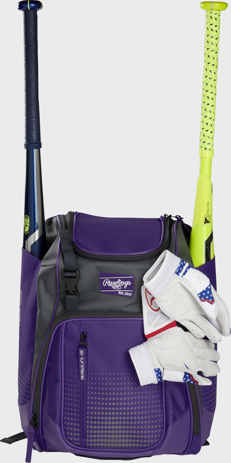 A purple Franchise backpack with two bats in the sides and batting gloves on the front Velcro strap - SKU: FRANBP-PU