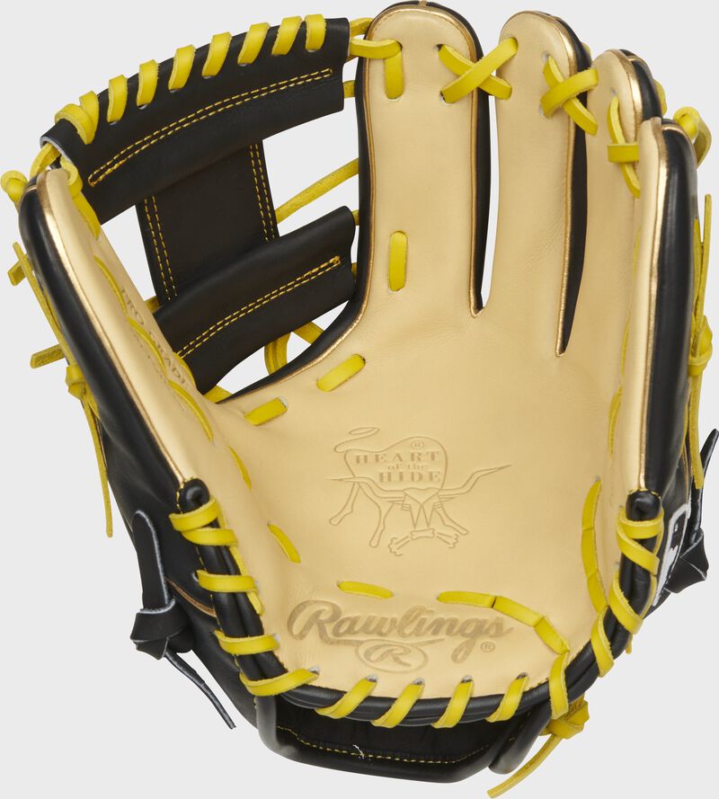 Camel palm of a Rawlings Pittsburgh Pirates HOH glove with yellow laces - SKU: RSGPRO204-2PIT