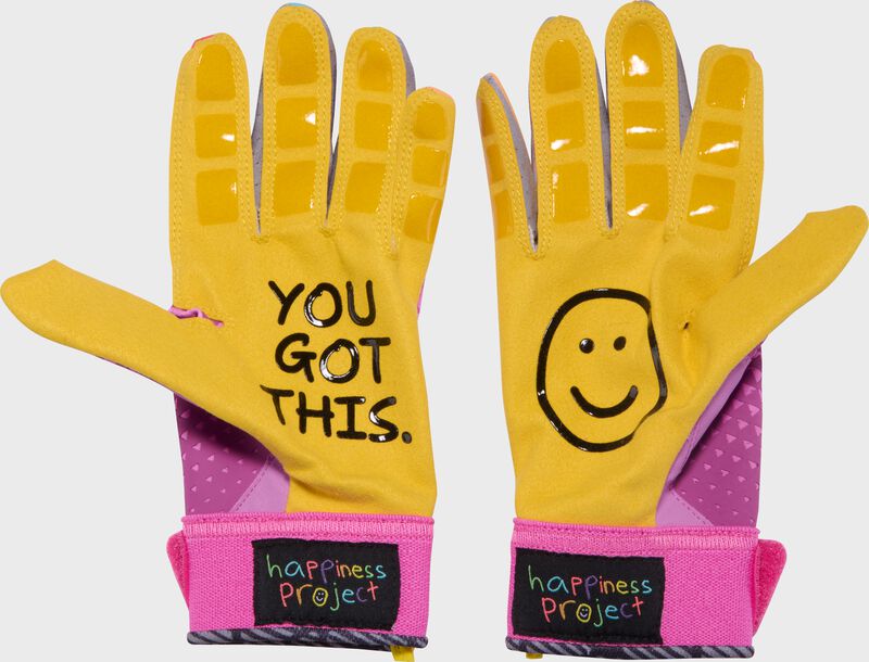 Yellow palms of a pair of pink Easton x Happiness Project Ghost NX fastpitch batting gloves loading=