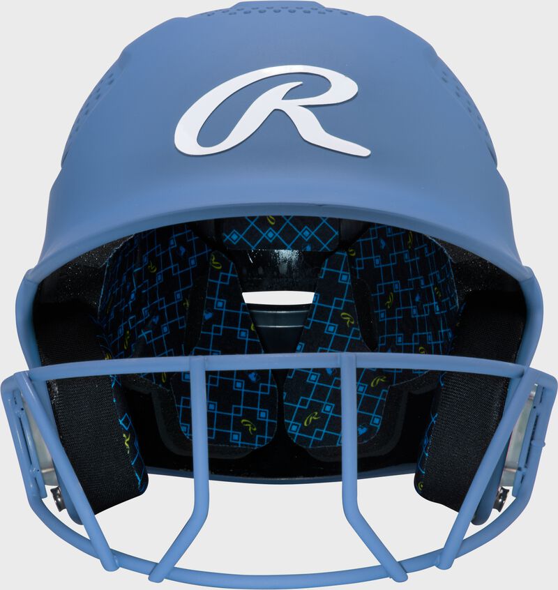 Front of a Columbia blue Rawlings RX2 fastpitch batting helmet