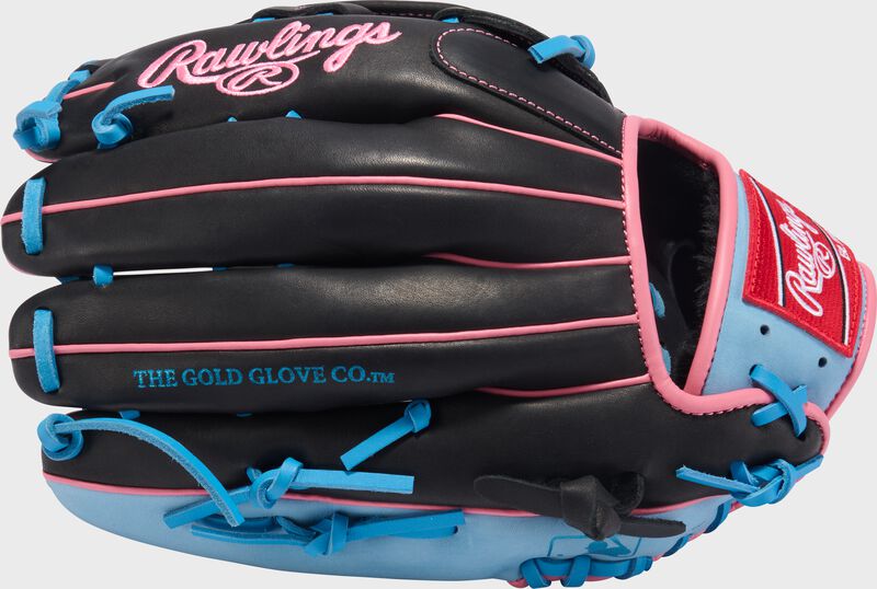 Black back of a R9 Series 12.75-Inch Outfield Glove with the MLB logo on the pinky
