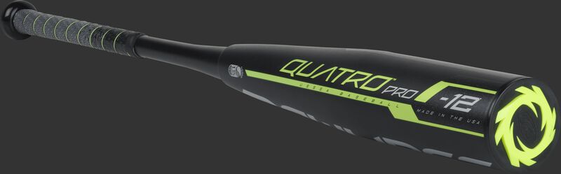 3/4 angle view of a UT9Q12 Rawlings Quatro Pro USSSA two-piece bat