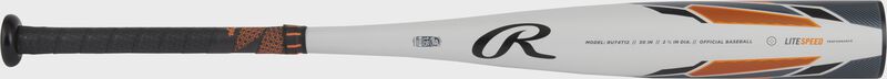 A gray/orange Rawlings Threat USSSA bat shown left to right - SKU: RUT4T12
