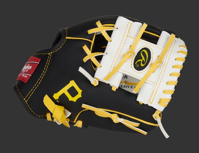Thumb of a black/white Pittsburgh Pirates 10-inch team logo glove with a white I-web and Pirates logo on the thumb - SKU: 22000021111