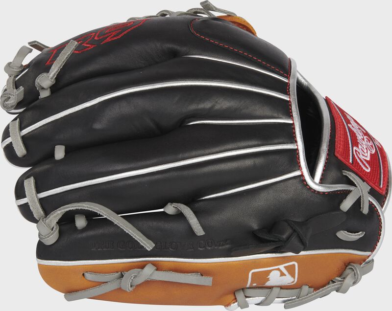 Back of a black/tan R9 ContoUR 11.5" infield glove with the MLB logo on the pinky - SKU: R9115U-4BT