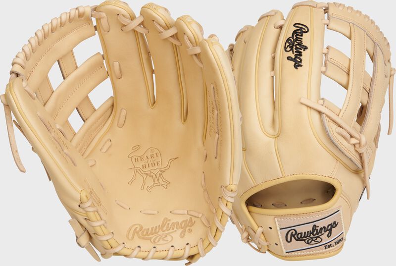 2 images showing the palm and back of an all-camel Heart of the Hide R2G outfield glove - SKU: RSGPROR3319-6C loading=