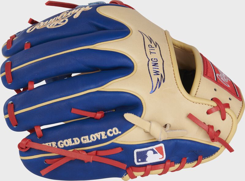 Royal/camel back of a HOH R2G 11.5" Wing Tip glove with the MLB logo on the pinky - SKU: RSGPROR204W-2CR loading=