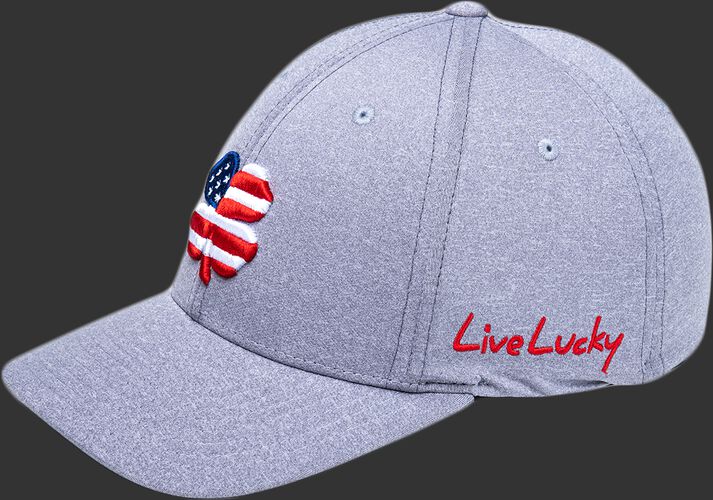 Side of a gray Rawlings Black Clover Heathered hat with "Live Lucky" on the side in red - SKU: BCR1RUH0071