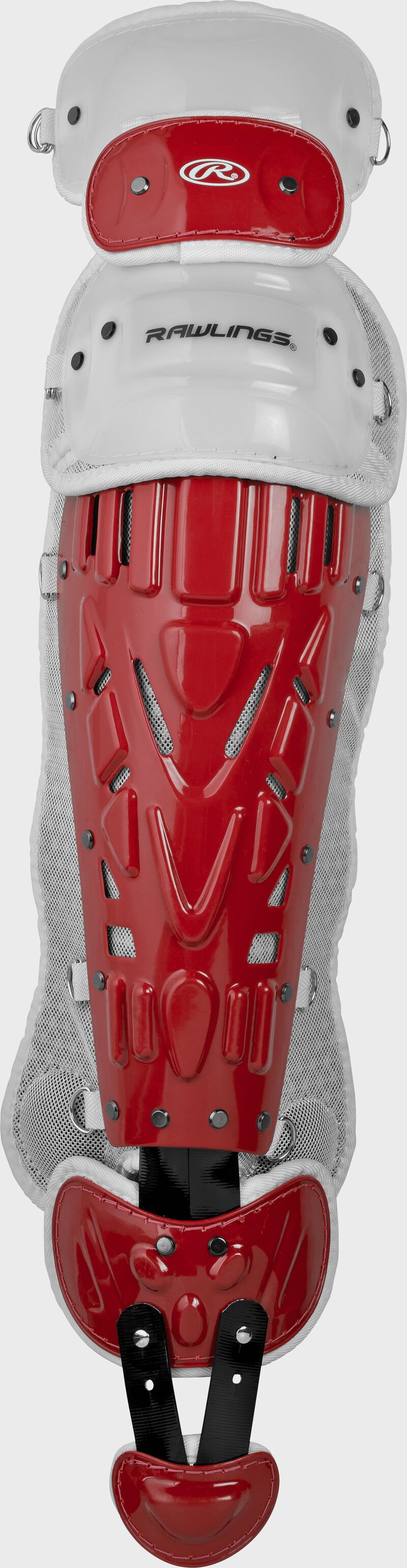 Front of a scarlet Velo leg guard
