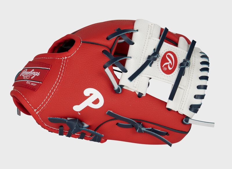 A red/white Philadelphia Phillies 10-inch team logo glove with a white I-web and Phillies logo on the thumb - SKU: 22000020111 loading=