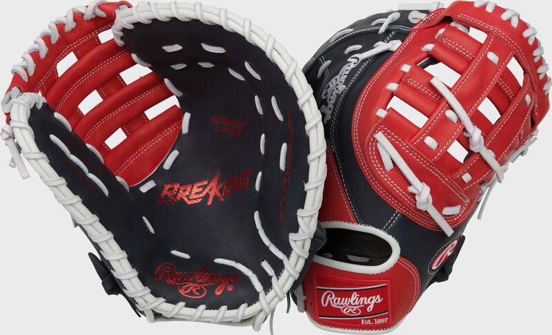 Two images showing the palm & back of a navy/scarlet Breakout 12.5" 1st base mitt