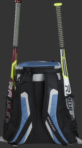 Back of a black/columbia blue R500 team backpack with two bats in the side sleeves