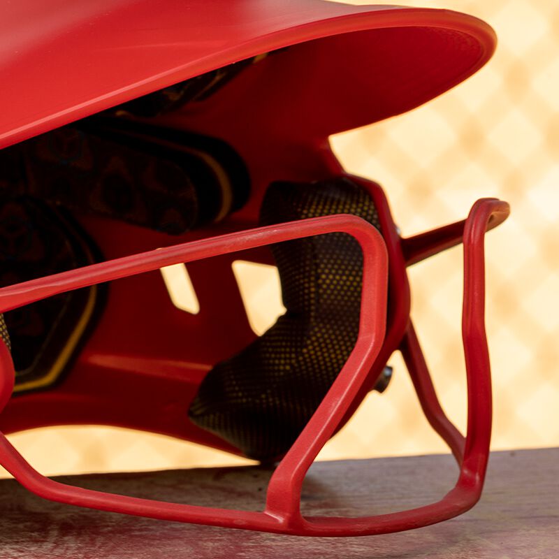 Scarlet Hi-Viz mask on a scarlet Mach batting helmet- SKU: MCHVIZ