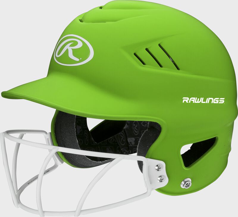 A neon green RCFHLFG Coolflo batting helmet with a white facemask