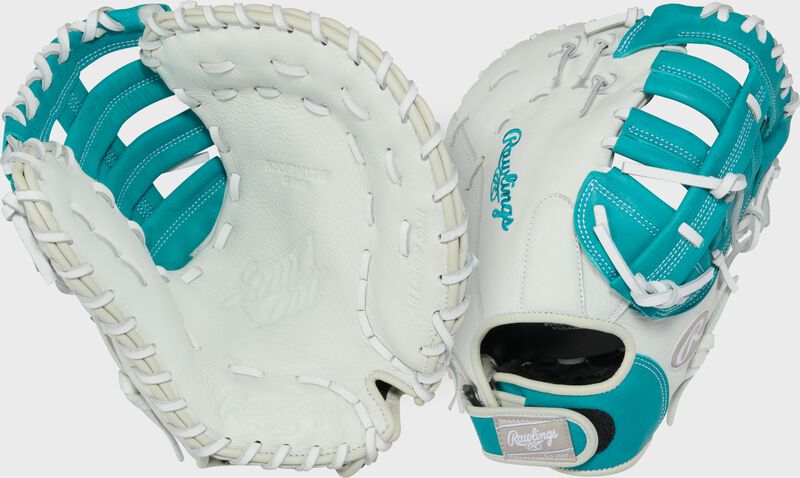 Two images showing the palm & back of a white/teal Shut Out 12-inch Fastpitch Softball 1st Base Mitt