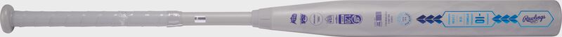 Alternate side view of a gray Rawlings Mantra Reverse Alo Edition fastpitch softball bat