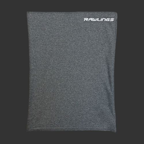 A heather gray Rawlings neck gaiter with a white Rawlings logo in the top right - SKU: RMSKNG-HGRY