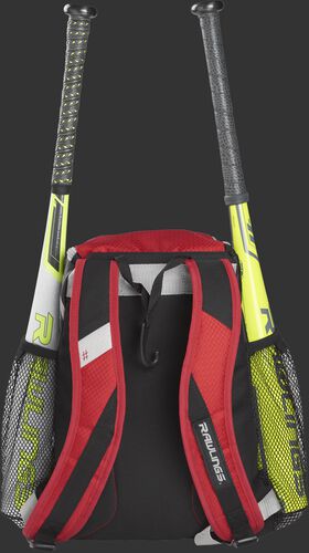 Back of a scarlet R400 Rawlings youth equipment backpack with scarlet shoulder straps and two bats