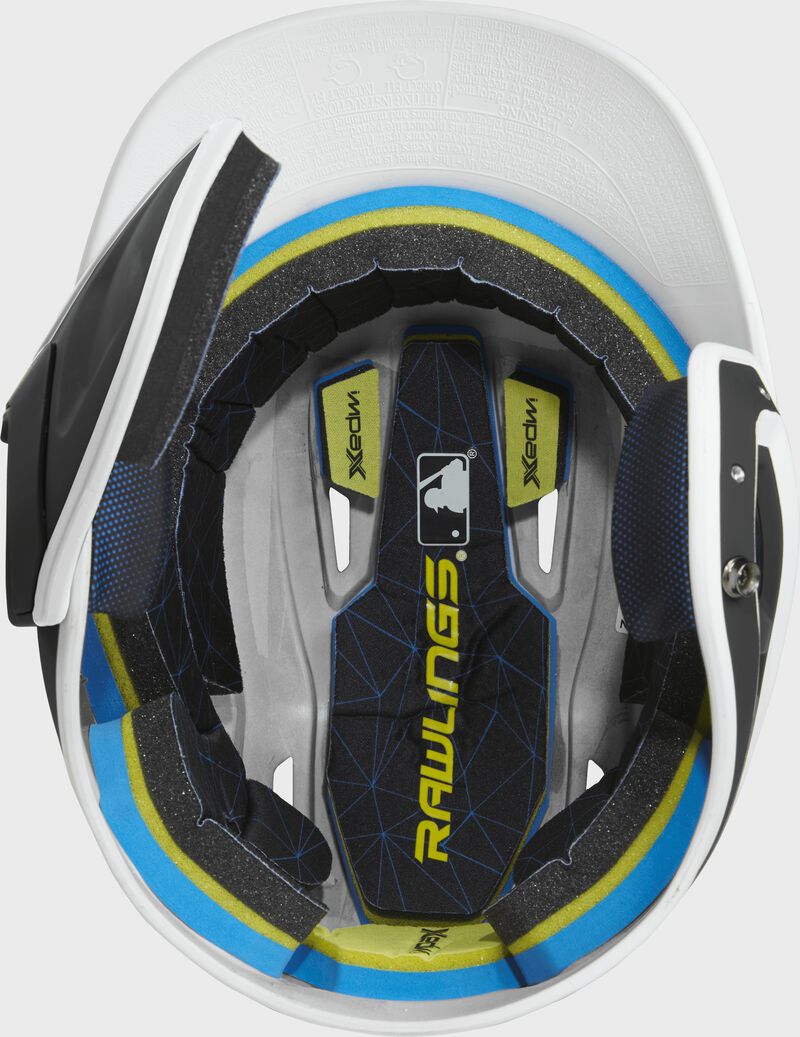 Inside of a MACHEXTR Rawlings MACH baseball helmet with IMPAX durable foam padding