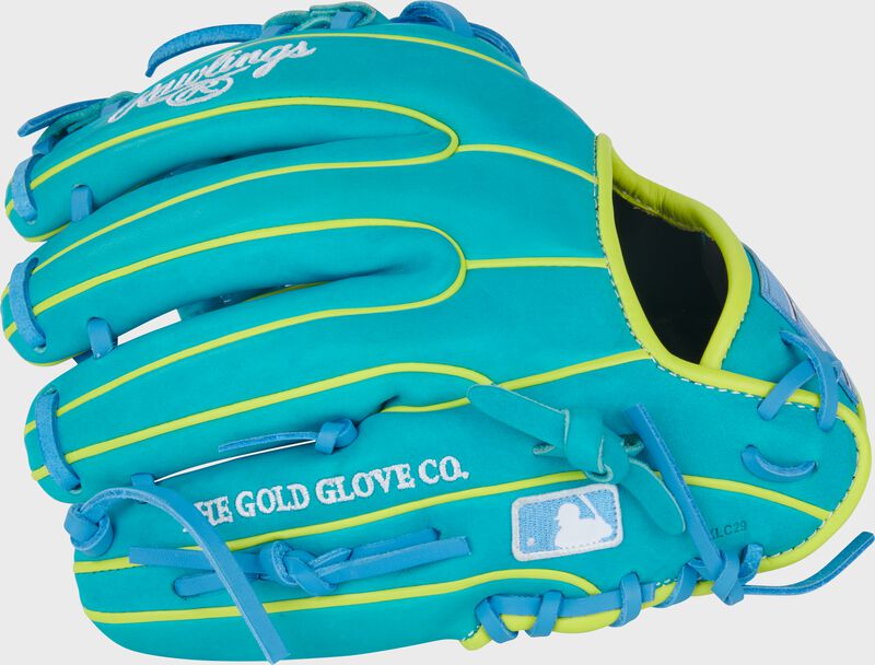 Back of a Heart of the Hide ContoUR Fit 11.5-Inch Teal Infield Glove with the MLB logo on the pinky